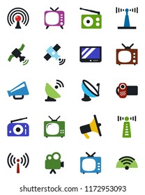 Color and black flat icon set - antenna vector, satellite, radio, loudspeaker, tv, video camera, wireless
