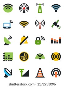 Color and black flat icon set - antenna vector, wireless notebook, border cone, radar, satellite, equalizer, mute, cellular signal, lock