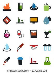 Color and black flat icon set - hot cup vector, water drop, dropper, flammable, monitor, alcohol, drink, cocktail, filter, sprinkler, flask