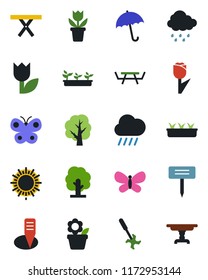 Color and black flat icon set - umbrella vector, sun, flower in pot, tree, butterfly, seedling, rain, plant label, picnic table, ripper, tulip
