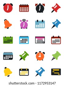 Color and black flat icon set - alarm clock vector, drawing pin, calendar, term, paper, bell, schedule