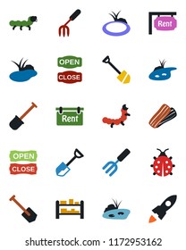 Color and black flat icon set - job vector, garden fork, shovel, lady bug, caterpillar, pond, rack, rent, bacon, open close, rocket