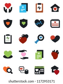Color and black flat icon set - heart vector, pulse, diagnosis, blood pressure, diagnostic, shield, hand, real, medical calendar, clipboard, sweet home