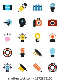 Color and black flat icon set - automatic door vector, brainstorm, bulb, camera, pencil, fence, rolling pin, energy saving, shining head, idea, paper plane, crisis management