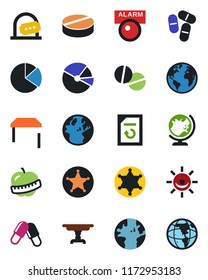 Color and black flat icon set - ticket office vector, globe, document reload, pills, diet, earth, pie graph, table, police, alarm led
