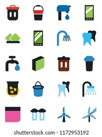 Color and black flat icon set - trash bin vector, shower, bucket, tooth, mobile, blank box, water supply, bathroom, serviette, filter, windmill