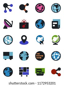 Color and black flat icon set - satellite antenna vector, bomb in case, globe, plane, earth, pin, consolidated cargo, network, share, news, social media