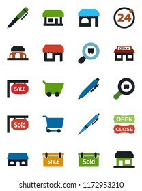 Color and black flat icon set - 24 around vector, shop, pen, store, search cargo, sale, sold signboard, cafe building, open close, cart, storefront
