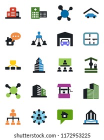 Color and black flat icon set - hierarchy vector, well, molecule, hospital, office building, garage, plan, home message