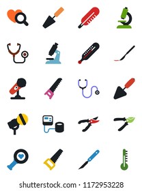 Color and black flat icon set - trowel vector, pruner, saw, stethoscope, blood pressure, thermometer, heart diagnostic, microscope, scalpel, microphone
