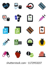 Color and black flat icon set - heart pulse vector, diagnosis, syringe, blood pressure, pills, blister, tomography, real, clipboard, hospital