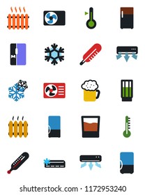 Color and black flat icon set - thermometer vector, heater, air conditioner, fridge, drink, beer, snowflake
