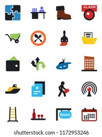 Color and black flat icon set - spoon and fork vector, ladder, wheelbarrow, boot, diagnosis, route, sea shipping, antenna, themes, application, document folder, manager desk, pond, rooms, city house