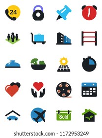 Color and black flat icon set - baggage trolley vector, heart, hand, plane, 24 hours, heavy, rack, reel, paper pin, alarm, stopwatch, calendar, company, sun panel, garage, sold signboard, reception