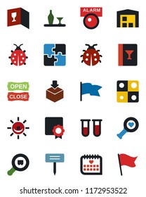 Color and black flat icon set - lady bug vector, plant label, blood test vial, heart diagnostic, medical calendar, package, search cargo, application, sertificate, warehouse, alcohol, wine card