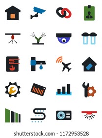 Color and black flat icon set - plane radar vector, identity card, drip irrigation, sorting, barcode, chain, root setup, air conditioner, smart home, water heater, filter, surveillance, sprinkler