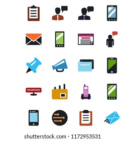 Color and black flat icon set - mobile phone vector, speaking man, mail, office, loudspeaker, cell, speaker, paper pin, network, clipboard, reserved, schedule