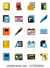 Color and black flat icon set - book vector, document search, pen, notepad, calendar, medical, folder, copybook, news, schedule, contract