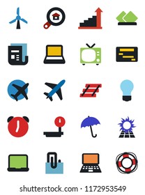 Color and black flat icon set - plane vector, umbrella, tv, growth statistic, notebook pc, bulb, heavy scales, news, alarm, paper clip, tray, estate search, serviette, sun panel, windmill, schedule