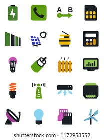 Color and black flat icon set - antenna vector, satellite, bulb, sorting, route, remote control, rca, hdmi, call, calculator, sd, sim, charge, monitor statistics, copier, sun panel, heater, windmill
