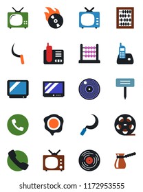 Color and black flat icon set - phone vector, abacus, stamp, sickle, plant label, reel, vinyl, flame disk, tv, radio, call, turkish coffee