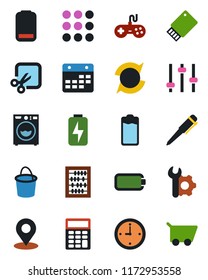 Color and black flat icon set - abacus vector, pen, bucket, gamepad, battery, low, menu, tuning, calendar, cut, place tag, charge, root setup, update, clock, calculator, washer, usb flash, cart