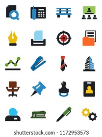 Color and black flat icon set - bench vector, drawing pin, office building, document folder, search, identity card, ink pen, phone, chair, support, point graph, target, tie, paper tray, hierarchy