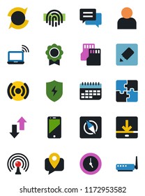 Color and black flat icon set - wireless notebook vector, mobile tracking, term, antenna, cell phone, message, protect, user, clock, sd, notes, data exchange, download, compass, fingerprint id