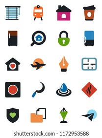 Color and black flat icon set - train vector, pennant, coffee, house, sickle, heart shield, plane, folder document, record, lock, ink pen, plan, estate search, sweet home, water, smoke detector