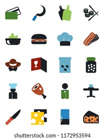 Color and black flat icon set - sickle vector, seeds, pills bottle, fridge, waiter, cook, restaurant table, hat, wine card, salad, bacon, dress code, credit, ham, hamburger, cutting board, knife