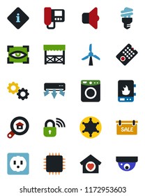 Color and black flat icon set - sale vector, estate search, sweet home, alcove, chip, socket, wireless lock, remote control, water heater, air conditioner, intercome, gear, washer, sound, eye scan