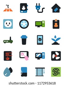 Color and black flat icon set - smart home vector, socket, power plug, fan, irrigation, water heater, router, pc, control app, filter, warm floor, jalousie, fridge, pass card, fingerprint