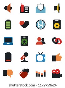 Color and black flat icon set - microphone vector, speaker, tv, equalizer, network, laptop pc, radio phone, chain, group, finger up, down, heart, battery, low, mail, video