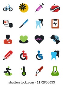 Color and black flat icon set - heart vector, pulse, syringe, blood pressure, dropper, thermometer, scalpel, bike, run, disabled, tooth, broken bone, clipboard, diet, doctor, virus, flask