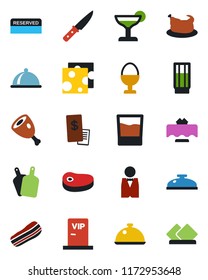 Color and black flat icon set - waiter vector, dish, restaurant table, reserved, reception, drink, cocktail, bacon, egg stand, vip zone, receipt, chicken, steak, ham, cutting board, knife, cheese