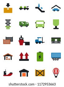 Color and black flat icon set - airport bus vector, escalator, fork loader, baggage larry, traffic light, sea shipping, truck trailer, cargo container, port, fragile, up side sign, warehouse, garage