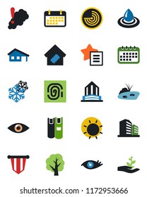 Color and black flat icon set - radar vector, pennant, tree, sun, eye, term, favorites list, book, house with garage, pond, smart home, snowflake, water, smoke detector, fingerprint, calendar
