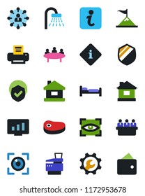 Color and black flat icon set - bed vector, shower, hierarchy, meeting, statistic monitor, house, shield, root setup, printer, copier, steak, eye scan, information, motivation, wallet