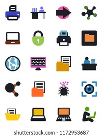 Color and black flat icon set - right arrow vector, lock, notebook pc, printer, monitor pulse, virus, folder document, network, laptop, share, manager desk, eye scan, man with