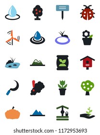 Color and black flat icon set - flower in pot vector, lady bug, water drop, well, sickle, plant label, pumpkin, pond, bird house, fertilizer, windmill, fruit tree, mountains, smoke detector