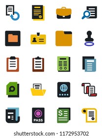 Color and black flat icon set - passport vector, identity, stamp, contract, document search, reload, receipt, news, folder, clipboard, case