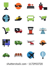 Color and black flat icon set - airport tower vector, runway, baggage conveyor, bus, waiting area, plane, helicopter, wheelbarrow, earth, sea shipping, car delivery, port, consolidated cargo, moving