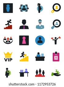 Color and black flat icon set - dispatcher vector, male, female, vip, pedestal, doctor, pregnancy, user, company, identity card, hr, manager desk, career ladder, client search, estate agent