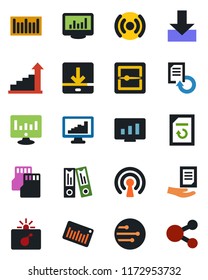Color and black flat icon set - bomb in case vector, growth statistic, office binder, document, monitor, reload, barcode, scanner, sd, network, download, statistics, wireless, social media