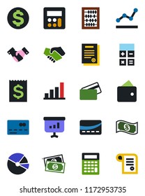 Color and black flat icon set - credit card vector, handshake, dollar sign, calculator, abacus, cash, receipt, bar graph, pie, point, contract, wallet, presentation