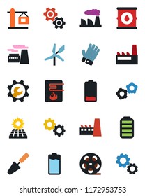 Color and black flat icon set - gear vector, factory, trowel, glove, oil barrel, reel, battery, low, root setup, sun panel, crane, water heater, windmill
