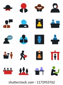 Color and black flat icon set - passport control vector, security gate, male, reception, speaking man, pedestal, manager place, support, client, speaker, identity card, desk, meeting, estate agent