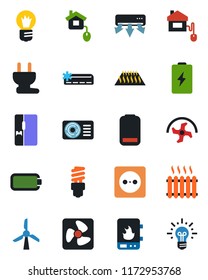 Color and black flat icon set - bulb vector, ripper, low battery, heater, air conditioner, fridge, home control, socket, power plug, fan, water, warm floor, energy saving, windmill, idea