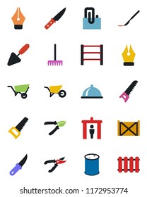 Color and black flat icon set - security gate vector, trowel, rake, wheelbarrow, pruner, saw, garden knife, scalpel, container, oil barrel, rack, paper clip, ink pen, dish, radiator