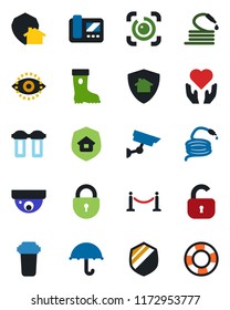 Color and black flat icon set - fence vector, lock, boot, hose, heart hand, umbrella, shield, eye id, estate insurance, intercome, water filter, home protect, surveillance, crisis management